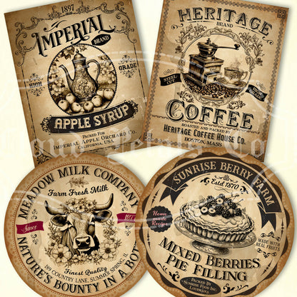 Vintage Kitchen Labels Printable – Coffee, Milk, Pie Filling, apple syrup Tags