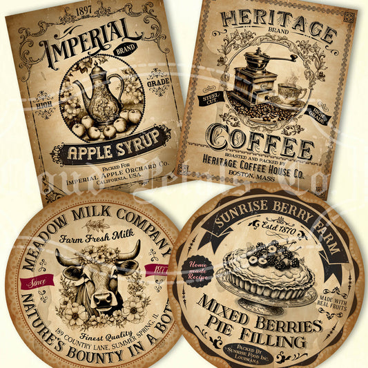Vintage Kitchen Labels Printable – Coffee, Milk, Pie Filling, apple syrup Tags