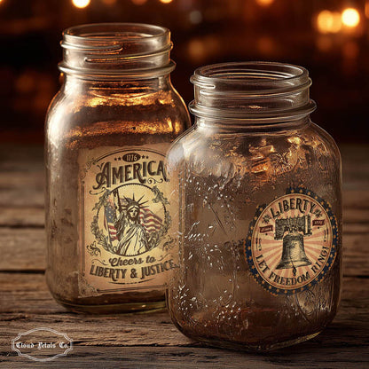 Two vintage-style mason jars with patriotic labels on a wooden surface.