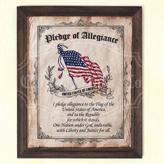 A vintage style wall art featuring the Pledge of Allegiance to the flag of the United States of America, with a flag depicted in the background. The art is bordered with a floral pattern and has a rustic wooden frame.
