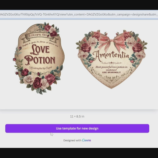 Video showing editable love potion labels using canva
