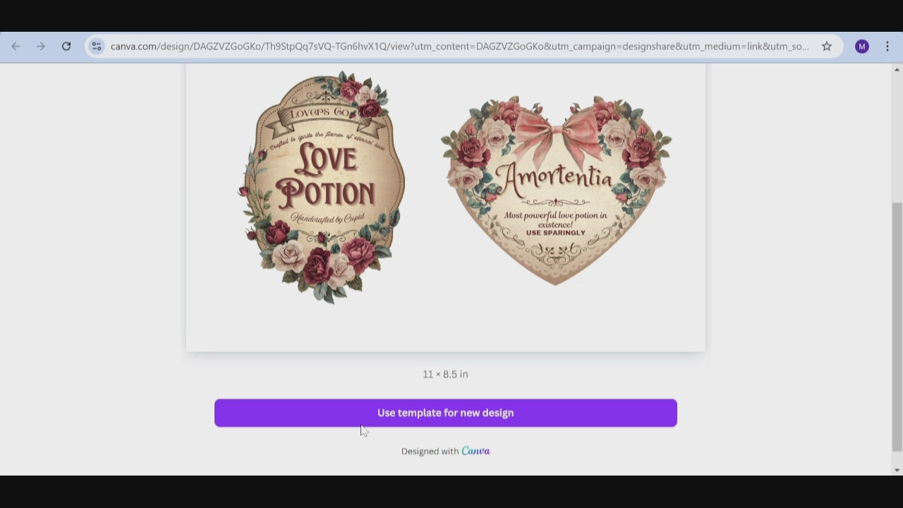 Video showing editable love potion labels using canva