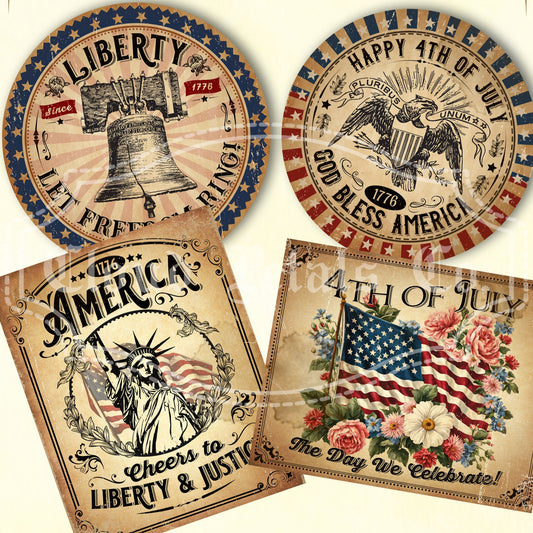 A set of four vintage style 4th of July labels with various designs including the Liberty Bell, an eagle, the Statue of Liberty, and a floral arrangement with the American flag.