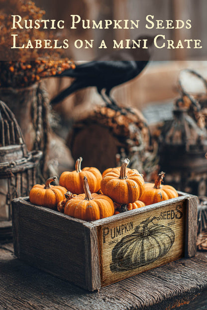 Rustic pumpkin seeds labels on a mini crate with pumpkins and a crow in the background.