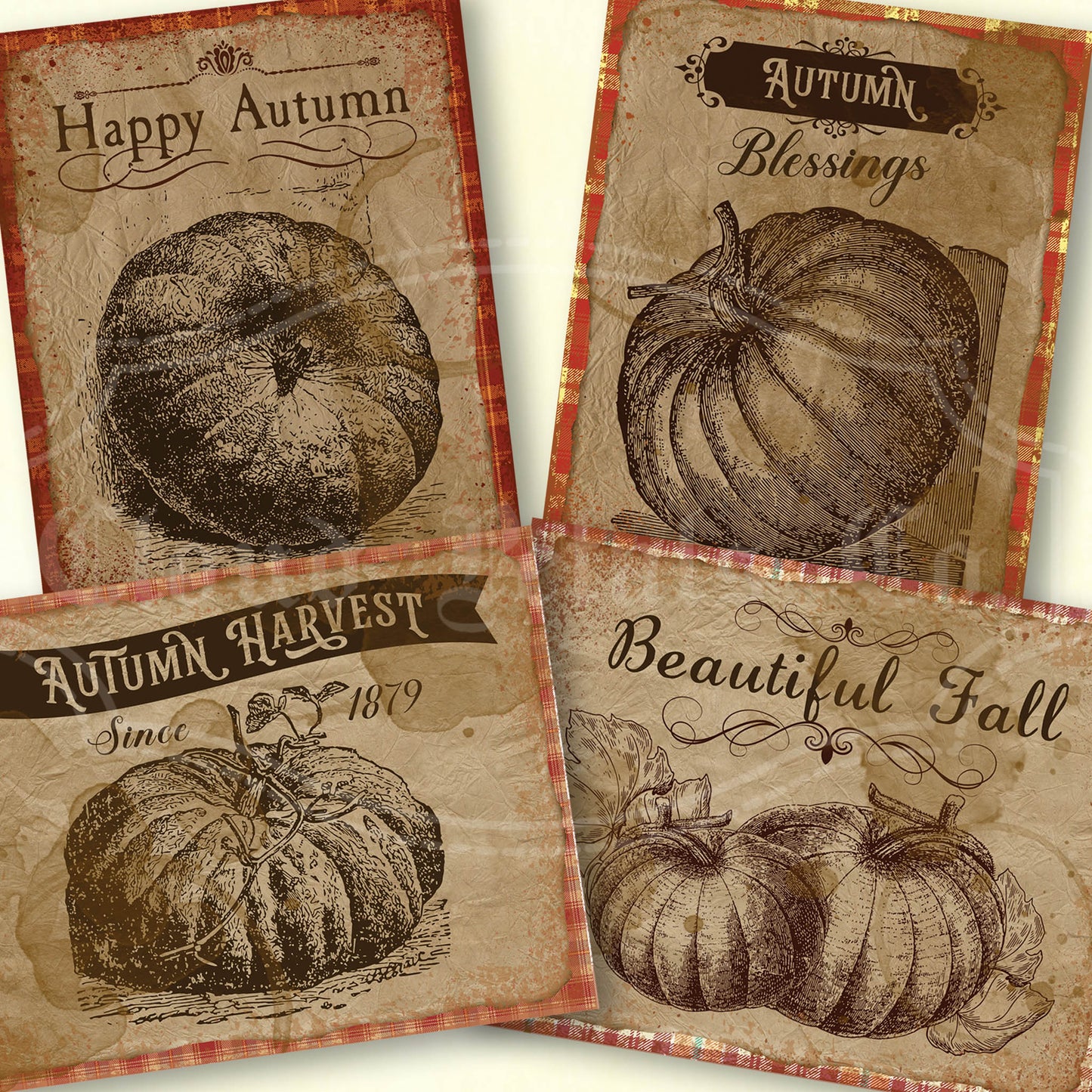 Vintage Pumpkin Labels Printable – Rustic Fall Tags with Plaid Background