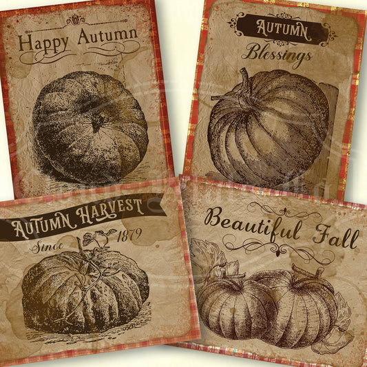 Vintage Pumpkin Labels Printable – Rustic Fall Tags with Plaid Background