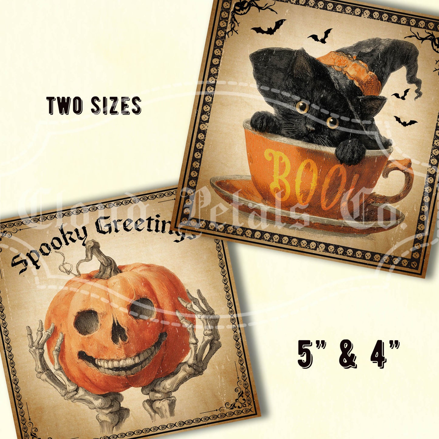 Two Halloween-themed greeting cards featuring a black cat in a 'BOO' cup and a jack-o'-lantern with skeleton hands, on a beige background.