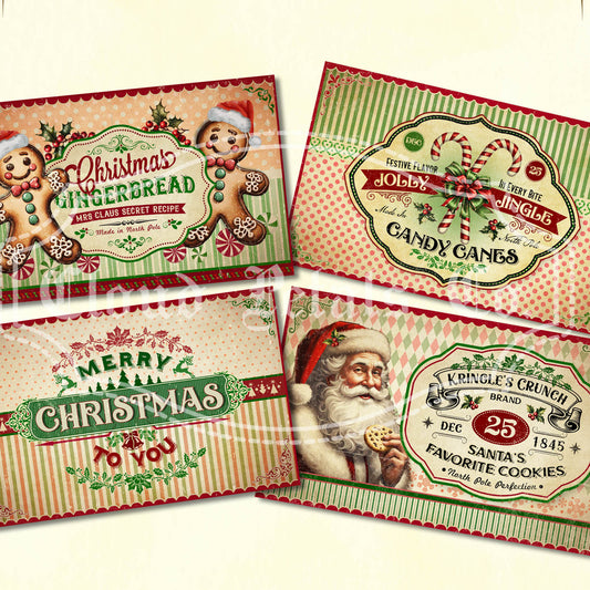 A collection of four vintage style Christmas labels with different designs, including Santa Claus, Christmas treats like gingerbread and candy canes, and festive patterns.