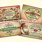 A collection of four vintage style Christmas labels with different designs, including Santa Claus, Christmas treats like gingerbread and candy canes, and festive patterns.