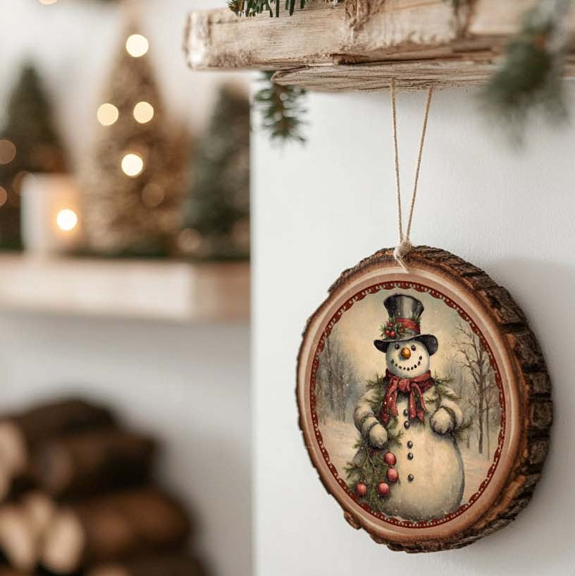 Decorative Christmas ornament with a snowman design hanging on a wooden shelf.