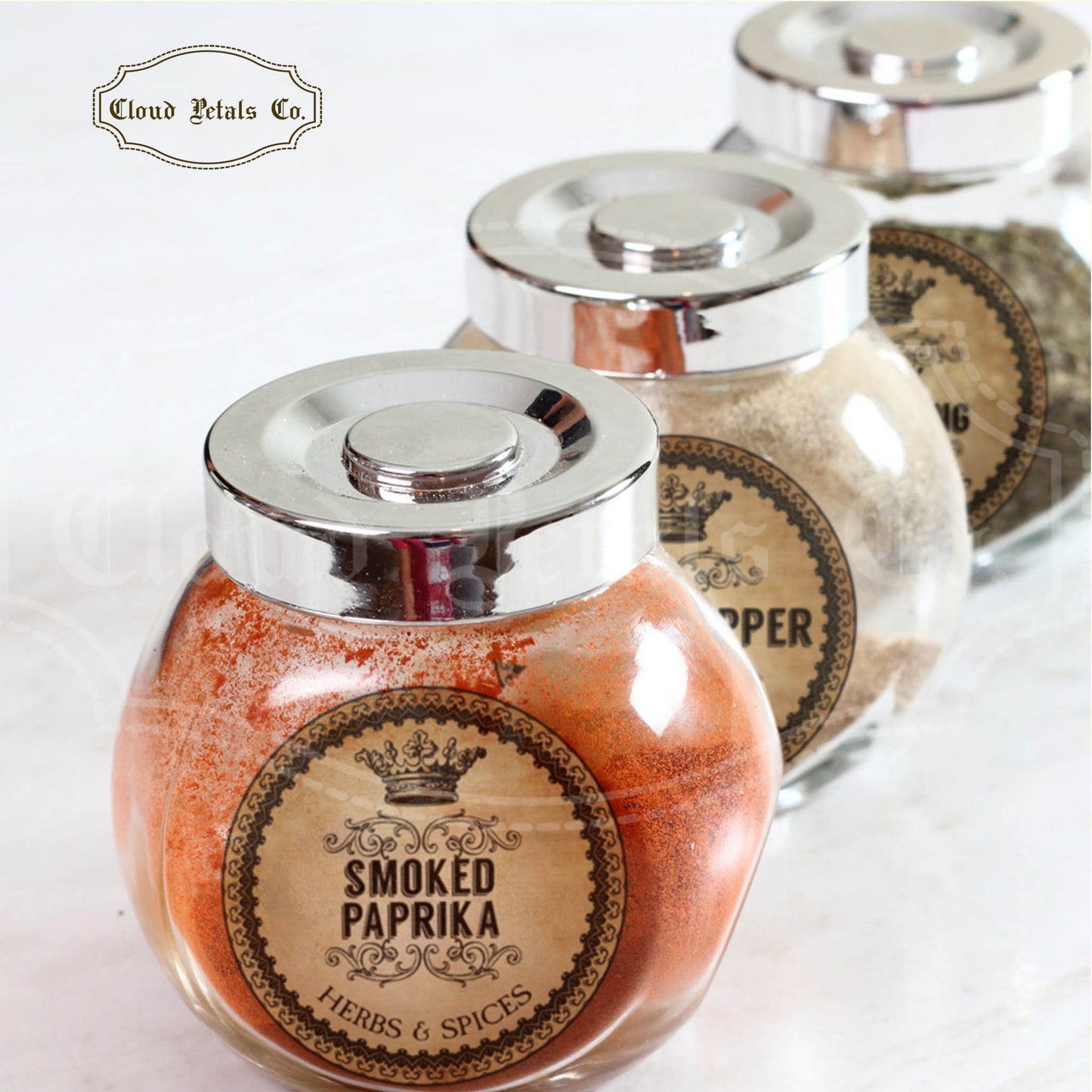 spice labels on round glass jars