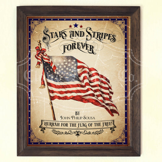 A vintage style 4th of July wall decor featuring the American flag with the text 'Stars and Stripes Forever' and the signature of John Philip Sousa.