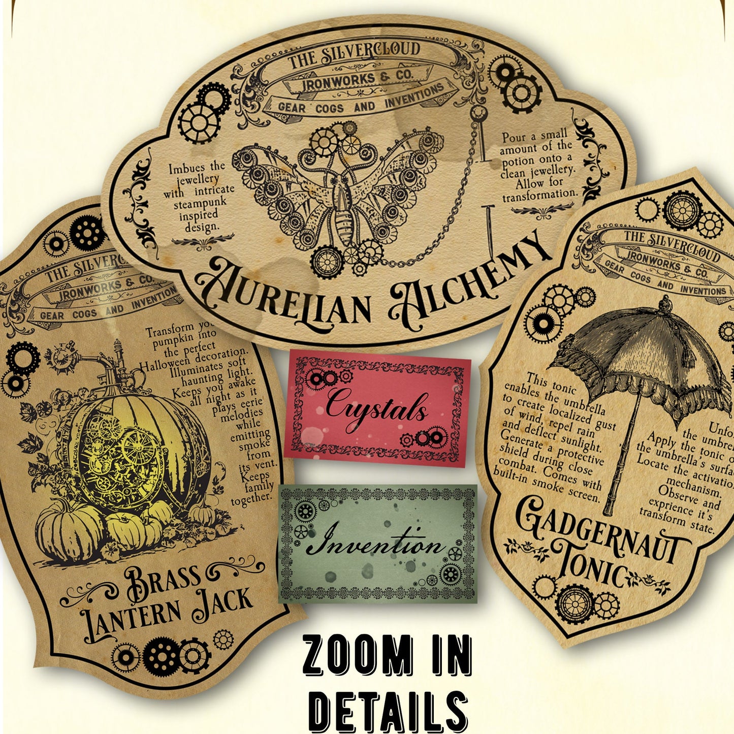 Vintage steampunk potion labels for Halloween with detailed text and graphics on a beige background.