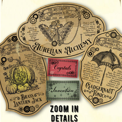 Vintage steampunk potion labels for Halloween with detailed text and graphics on a beige background.