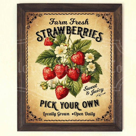Vintage Strawberry Sign Printable – Farmhouse Wall Art Download