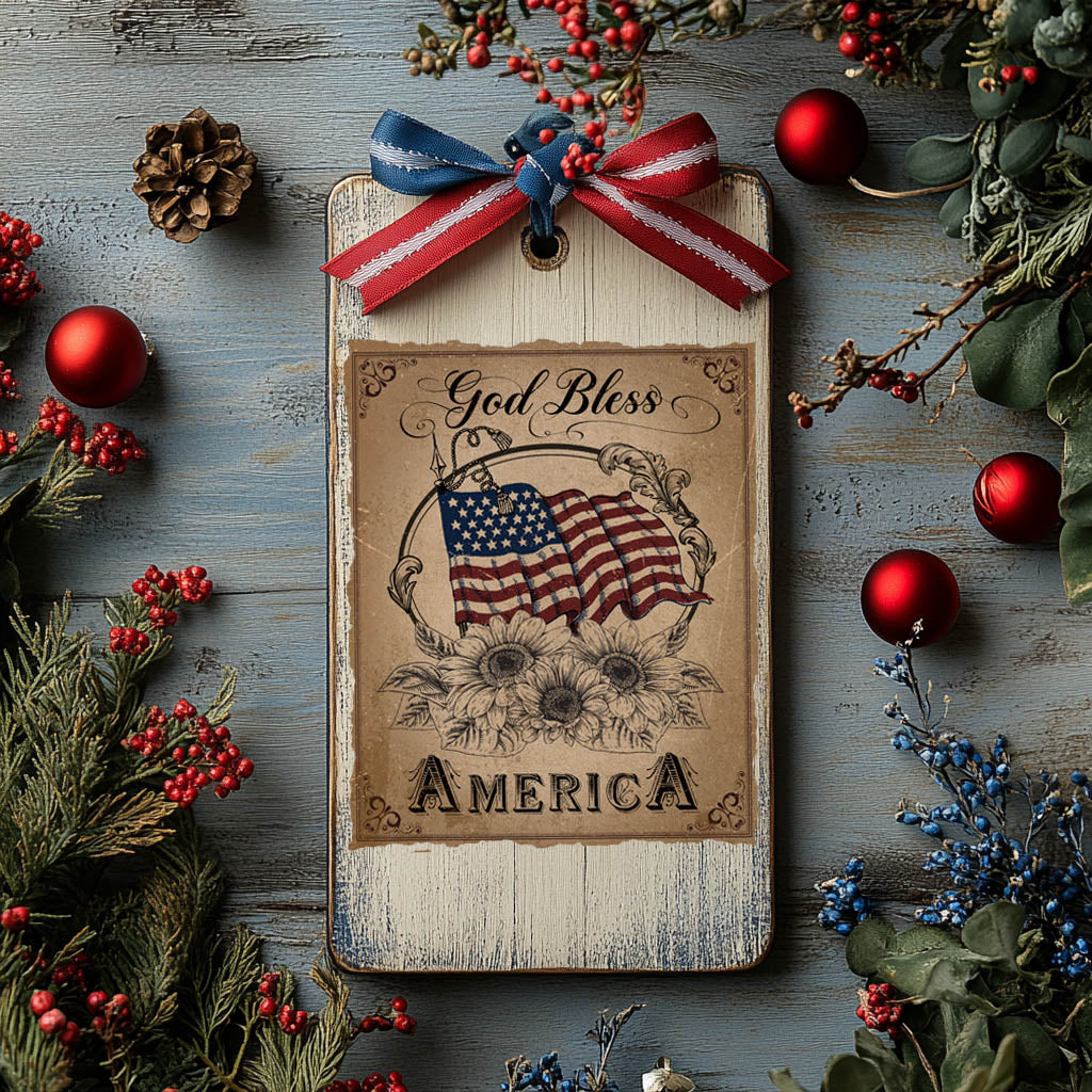 sunflower and flag image on a wooden tag