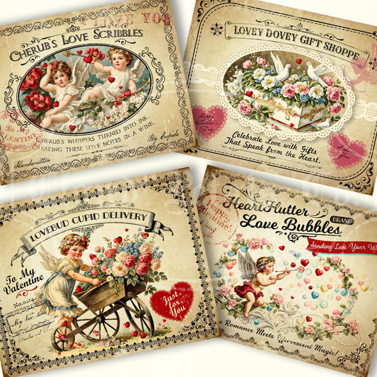 Collection of vintage-style Valentine's Day cards with cherubs and floral designs.