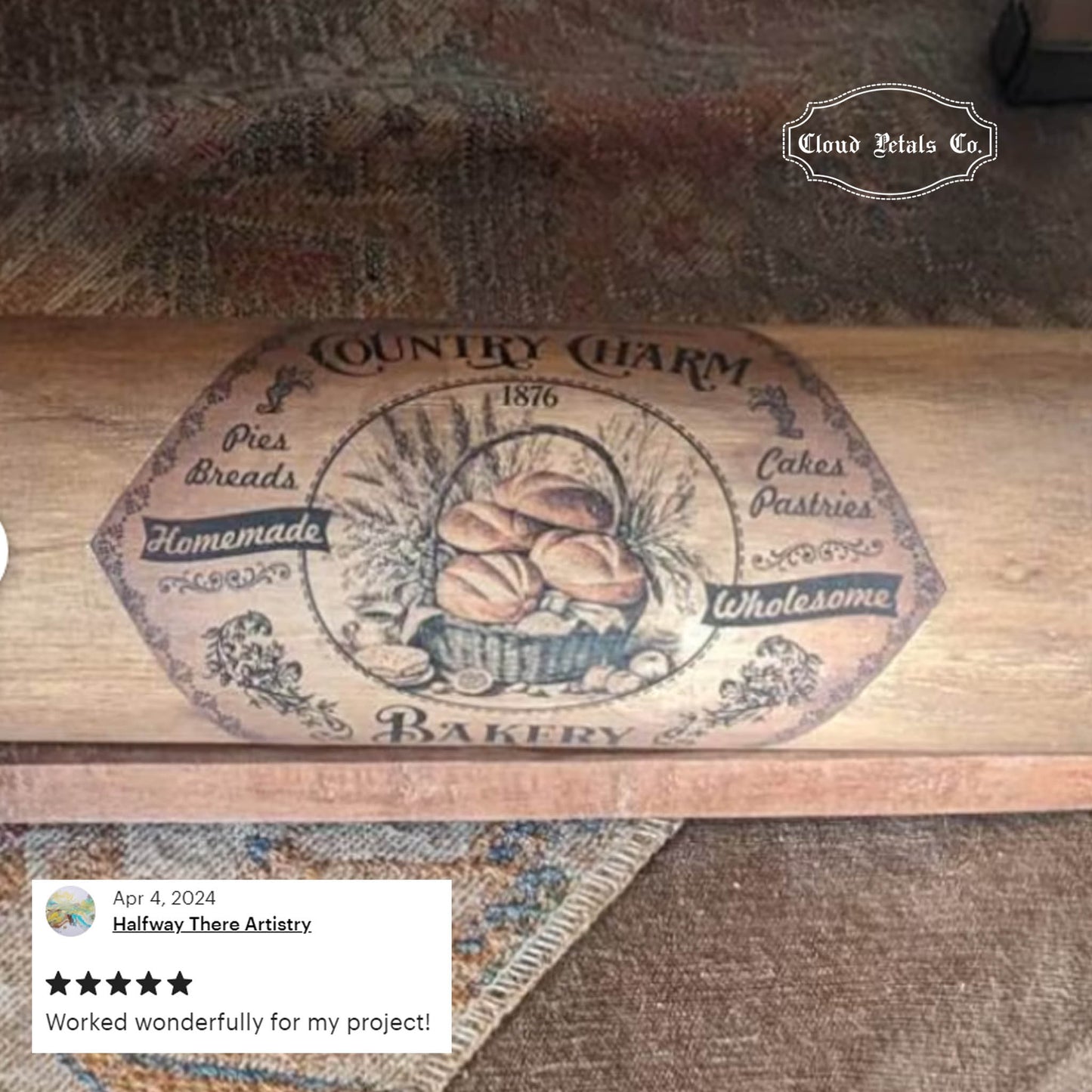 vintage bakery label decoupage on a rolling pin review