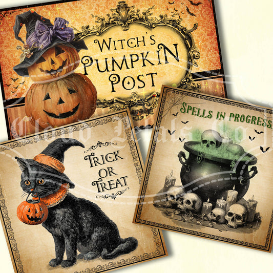 Three Halloween-themed cards featuring pumpkins, a black cat, and a cauldron with skulls.
