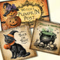 Three Halloween-themed cards featuring pumpkins, a black cat, and a cauldron with skulls.