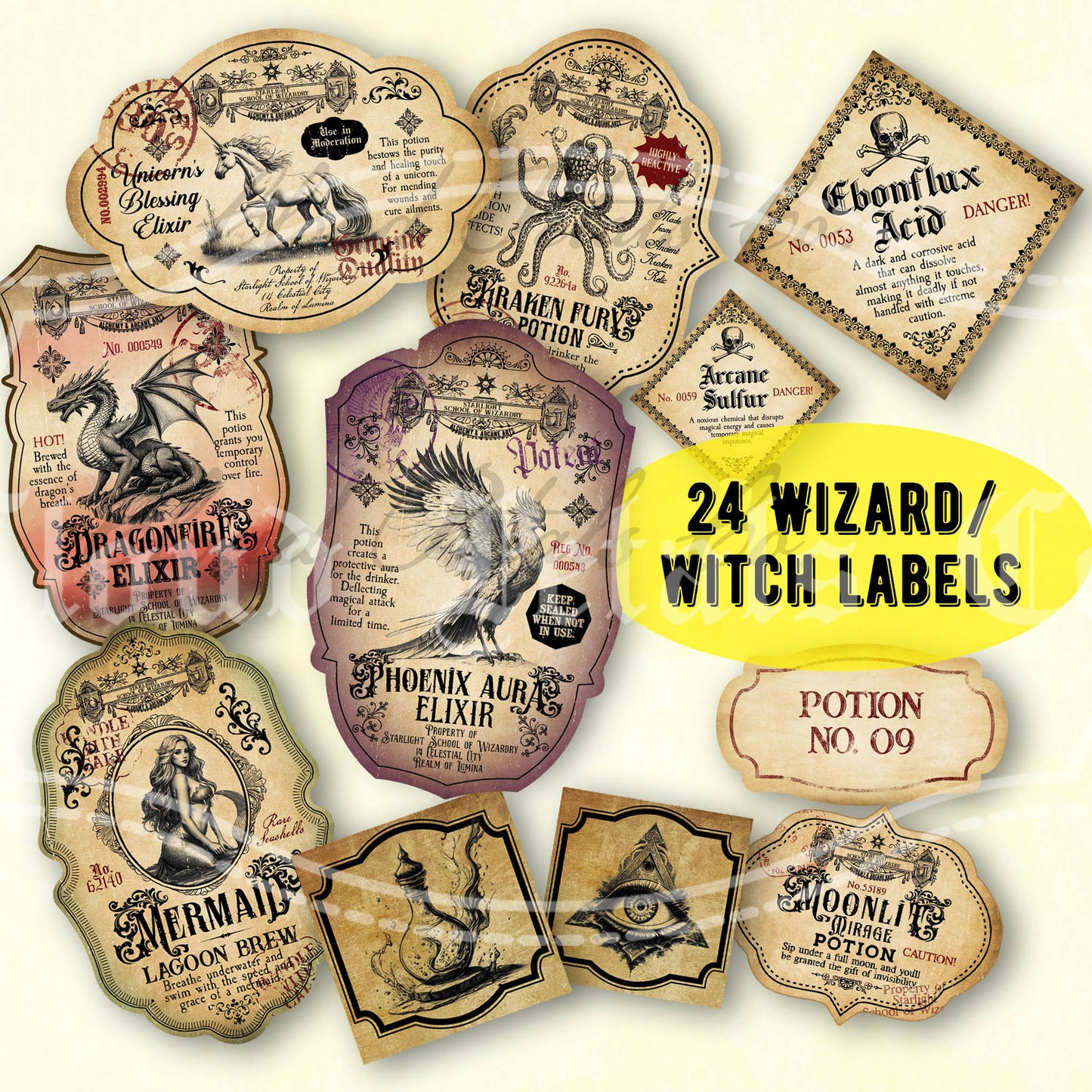 vintage_halloween_wizard_labels_phoenix dragon mermaid