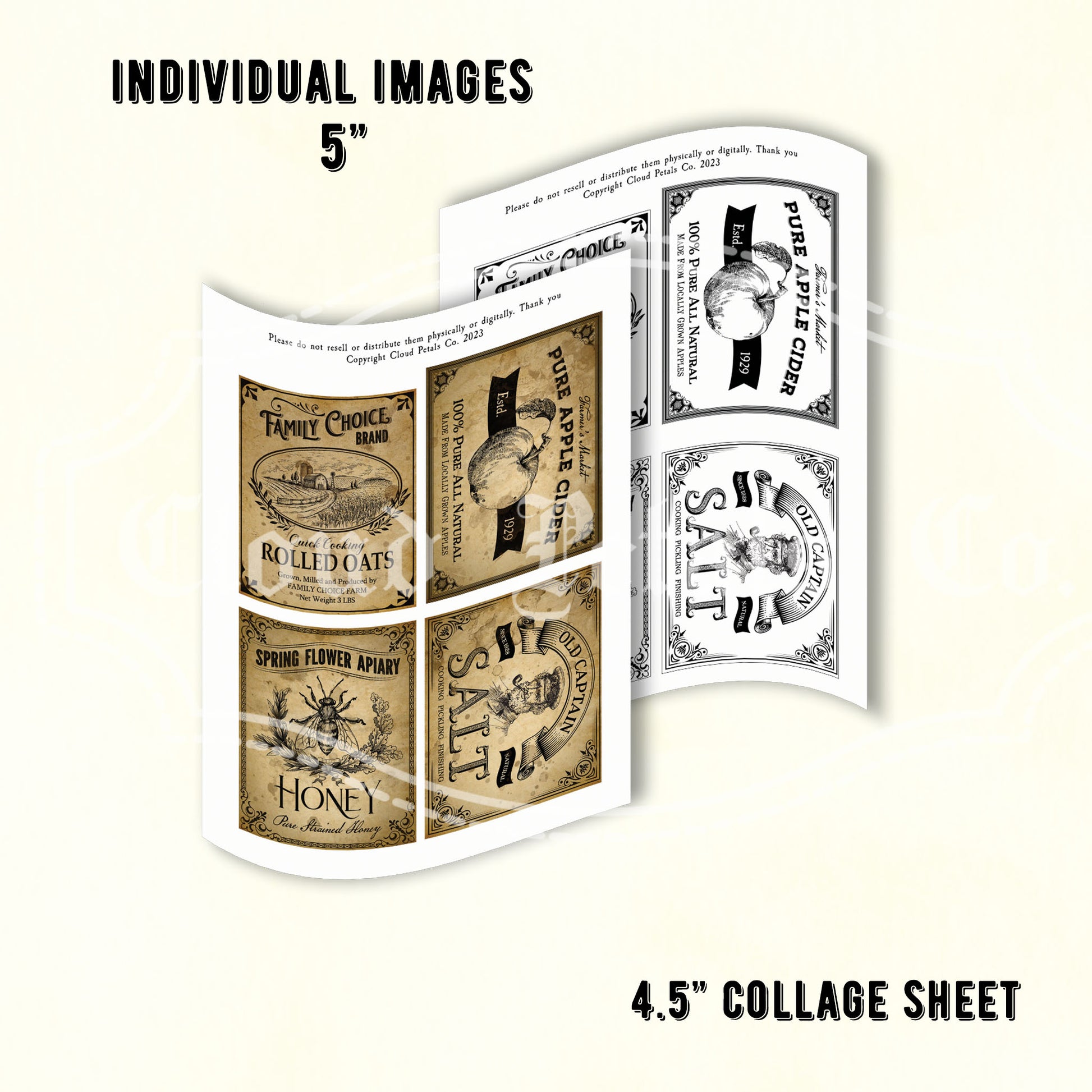 Printable kitchen labels for honey, oats, salt and apple cider
