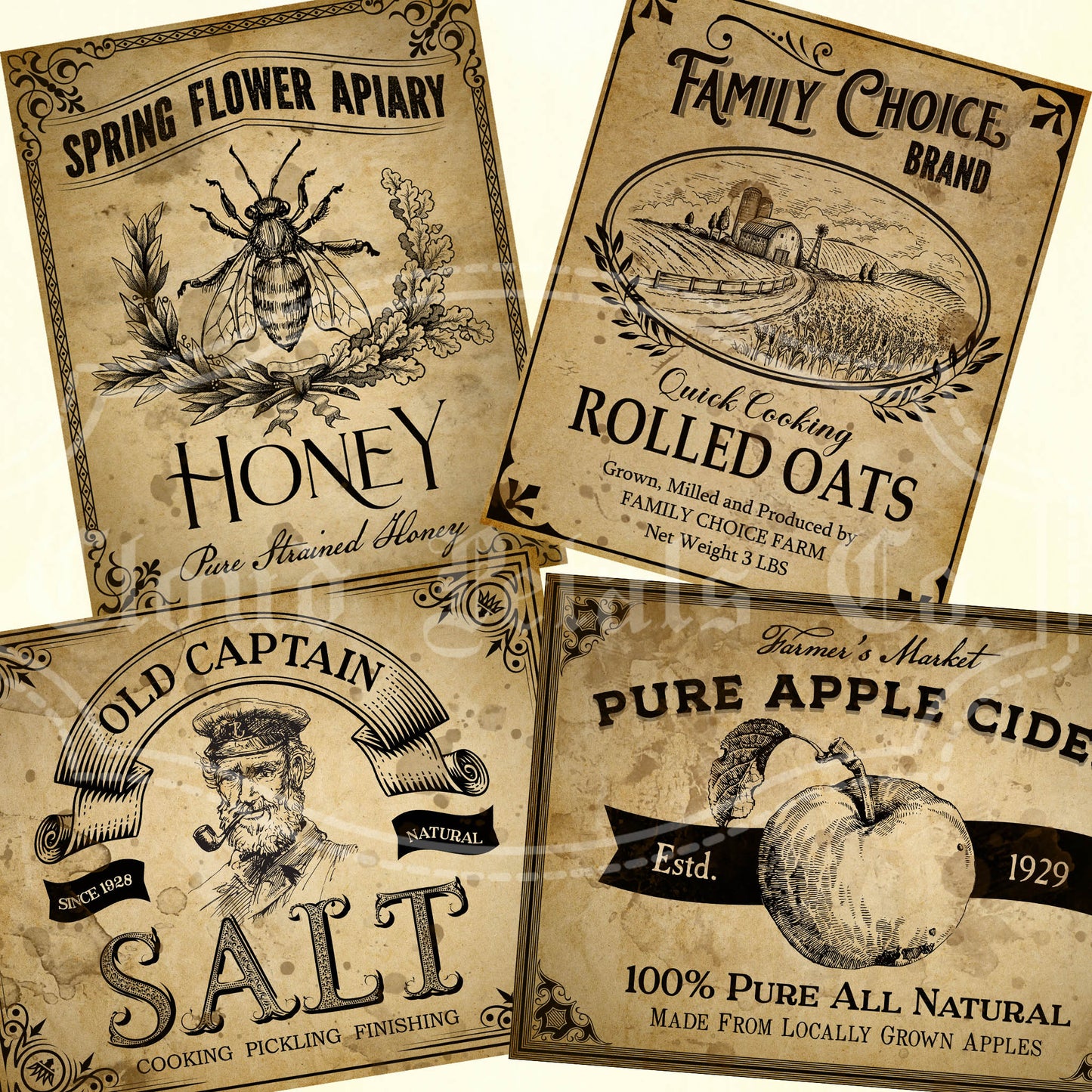 printable kitchen labels for honey, oats, salt and apple cider
