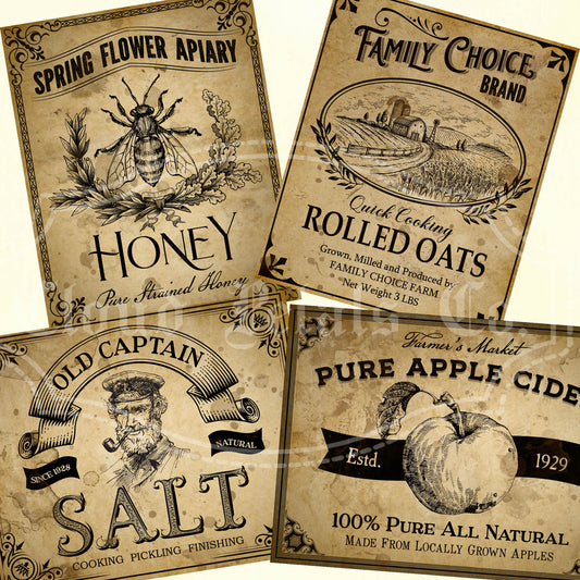 printable kitchen labels for honey, oats, salt and apple cider