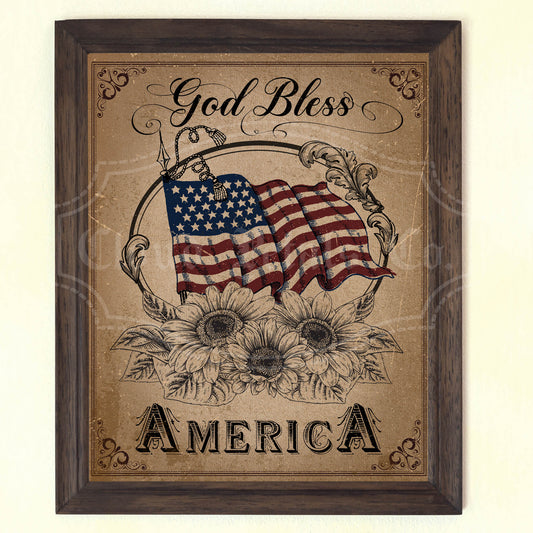 A vintage style 4th of July patriotic wall art featuring an American flag, sunflowers, and the phrase 'God Bless America'.