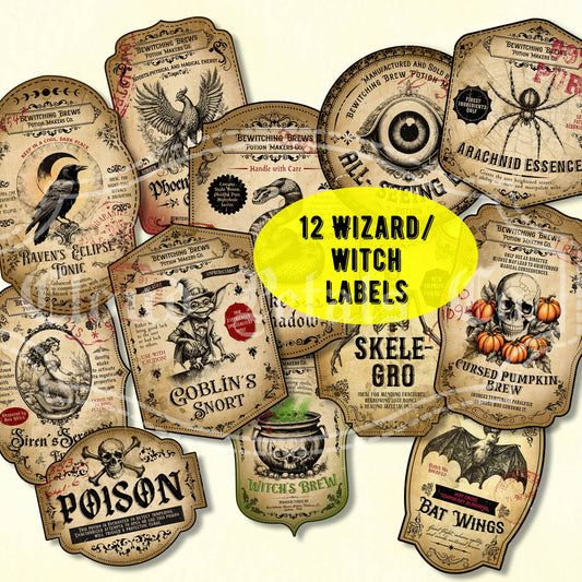 Vintage Halloween Labels – DIY Potion & Apothecary Bottle Labels, Witch Kitchen Decor (Digital Download)
