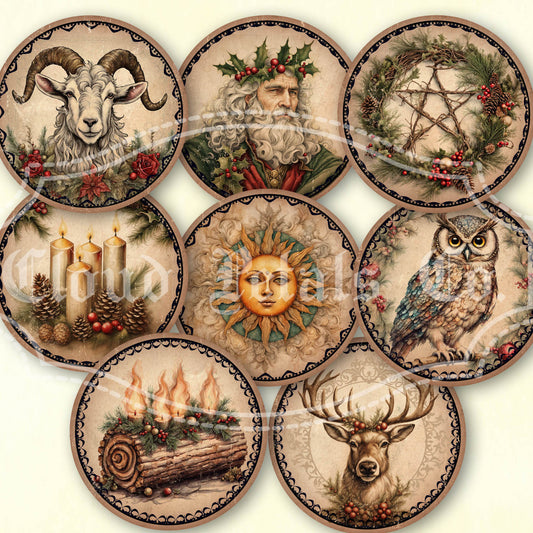 Set of circular designs featuring yule, winter solstice, pagan images on a beige background.
