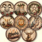 Set of circular designs featuring yule, winter solstice, pagan images on a beige background.